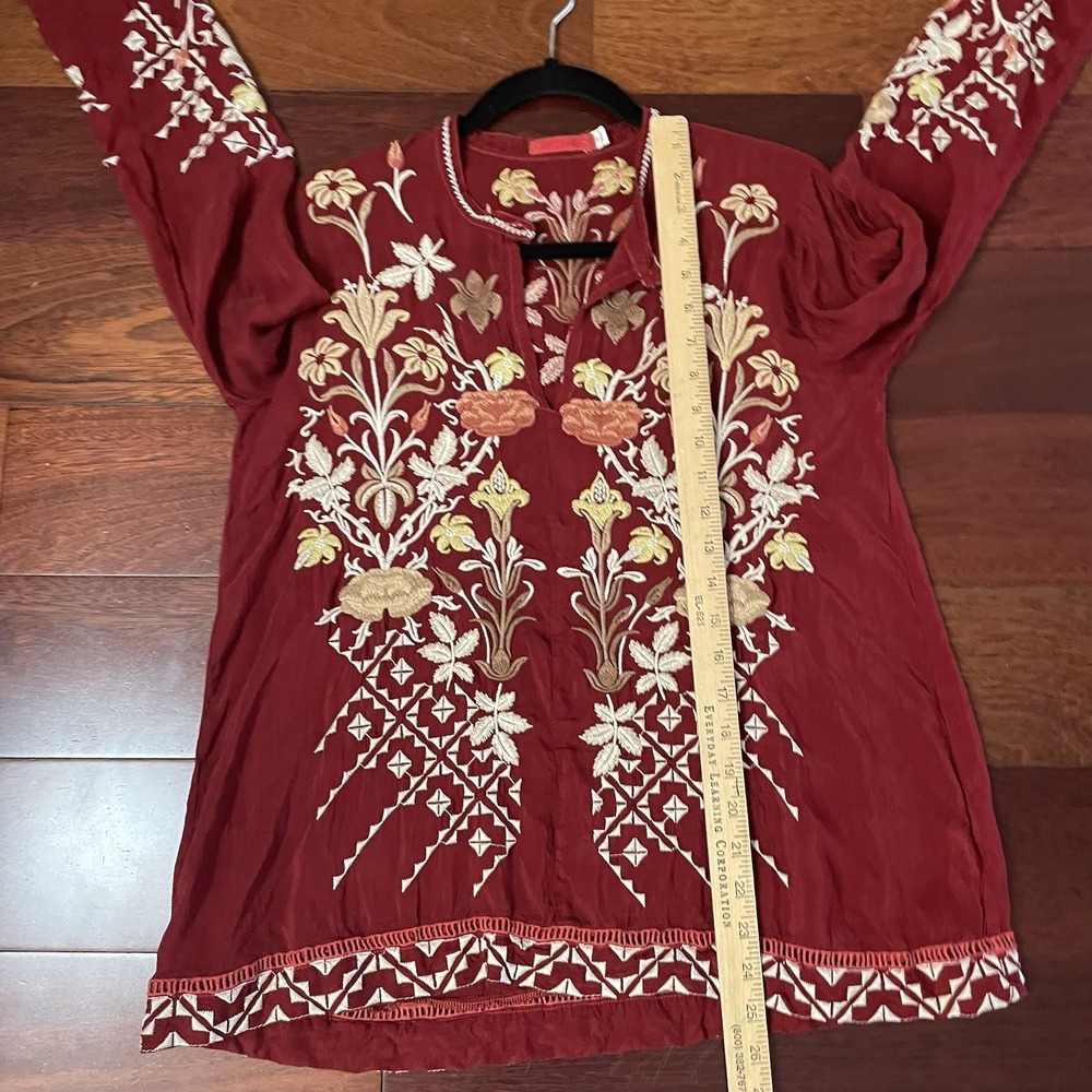 Johnny Was Wine Red Floral Embroidered V-Neck Blouse - Picture 12 of 13